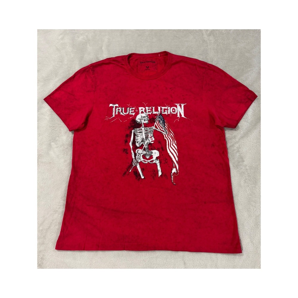 True Religion Mens Red Acid Wash Skeleton American Flag Graphic T-Shirt XL